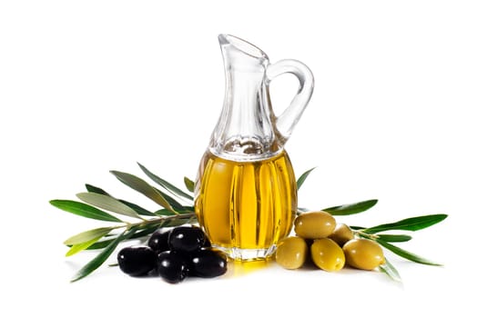 Olive oil and olive branch isolated on white