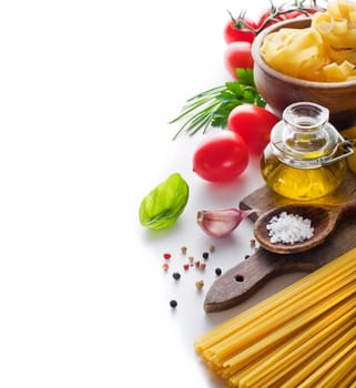 Raw Pasta with ingredients on white background