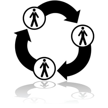 Concept illustration showing a network of three businessman connected in a round diagram