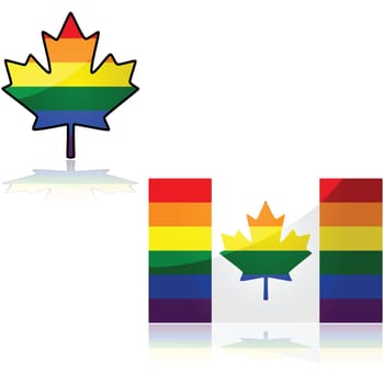 Concept illustration showing the Canadian flag with the colors of the rainbow