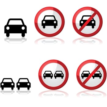 Icon set showing traffic signs with one or two cars