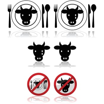 Icon set showing a cattle head combined with a plate and signs to represent beef