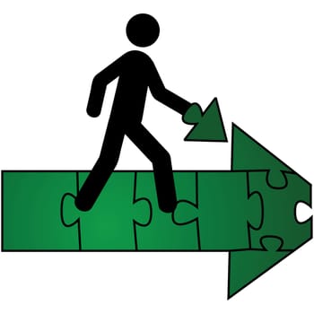 Concept illustration showing a person carrying the last piece of a puzzle that makes up a green arrow pointing forward