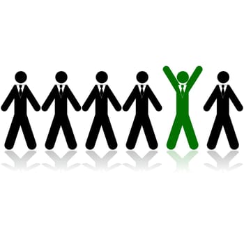 Concept illustration showing a line of businessman, with one of them colored green celebrating