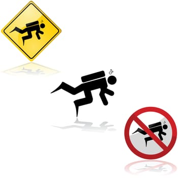 Icon set showing a diver and related signs allowing or forbidding the practice of the activity