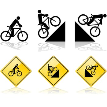 Signs showing a person riding a bicycle in flat terrain and also up and down a hill