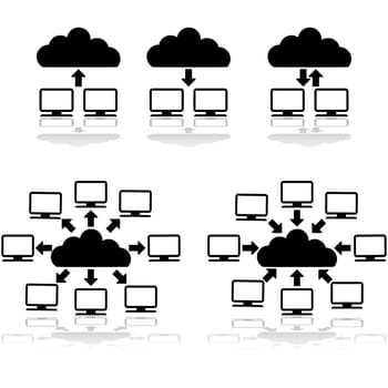 Icon set showing computers connected to a cloud network