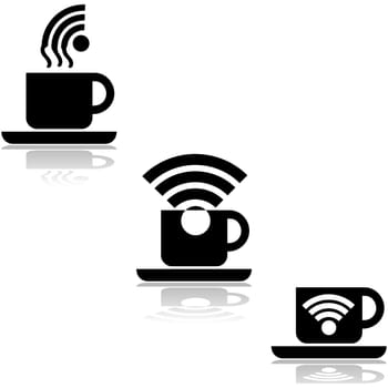 Concept illustration showing a cup of coffee paired with a wifi symbol