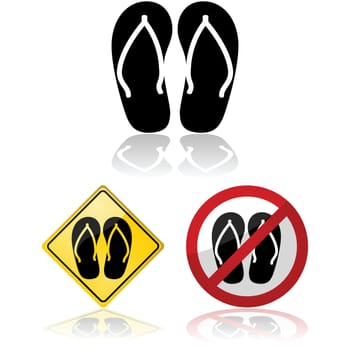Icon illustration showing a pair of sandals, or flip flops, and related traffic signs allowing or prohibiting their use