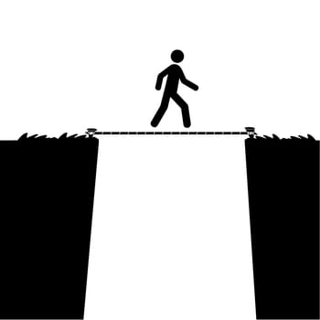 Cartoon illustration showing a man walking over a precipice using only a tight rope