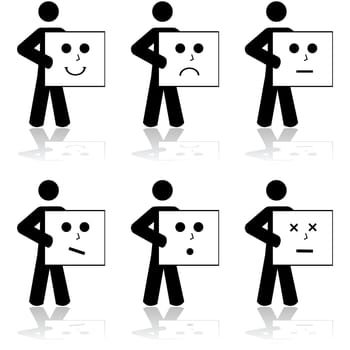 Icon set showing a man holding cards with different faces printed on them