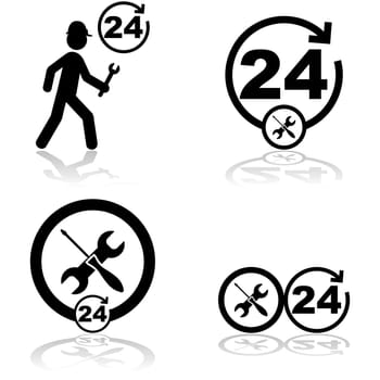 Icon set showing a handyman and tools combined with a round the clock icon to symbolize 24/7 service