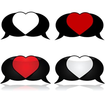 Icon set showing a couple of speech bubbles intersecting to form a heart