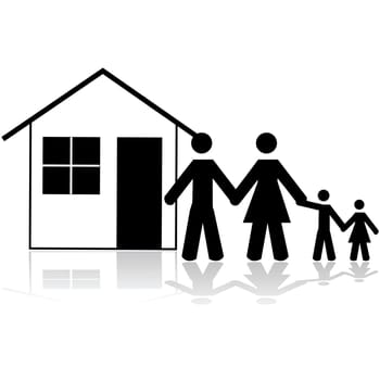 Icon illustration showing a family in front of a simple house
