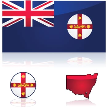 Illustration showing the flag and map of the state of New South Wales, in Australia