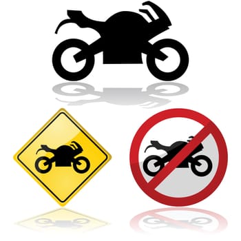 Icon set showing a motorcycle and related traffic signs