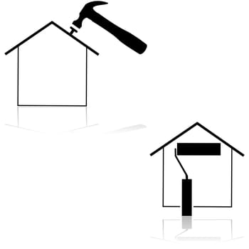 Icons showing a house with a hammer and paint roll