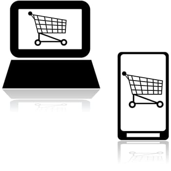 Icons showing a shopping cart inside a computer and mobile phone