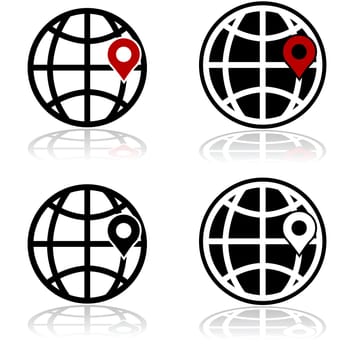 Icon set showing a globe with a location indicator on it