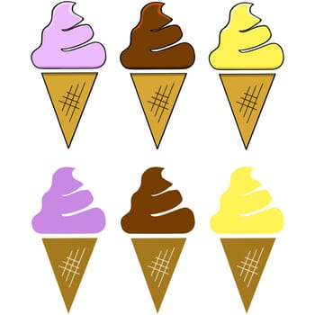 Cartoon illustration showing three different flavors of ice cream cones