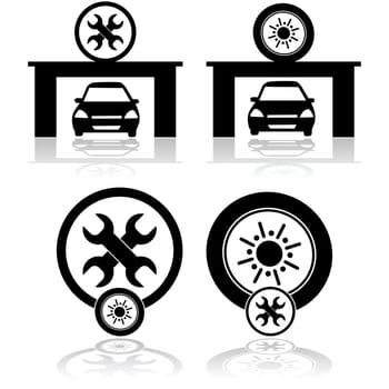 Icon set showing a car inside a garage as well as symbols for a tire and wrench