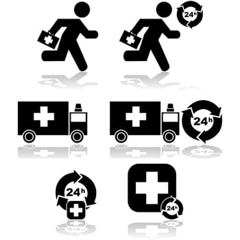 Icon set showing health related items with 24-hour emergency access