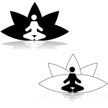 Icon illustration showing a man meditating in a lotus position in front of a stylized lotus flower