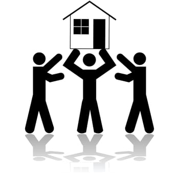 Concept illustration showing a person lifting a house while two other people try to get it from him