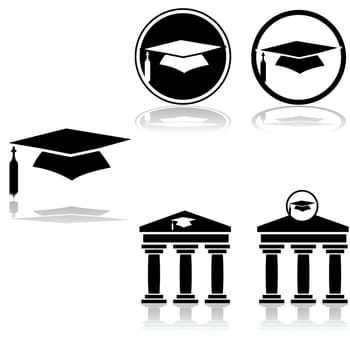 Icon set showing a graduation hat combined with other elements such as a greek style building representing a university