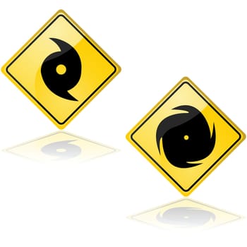 Icon set showing a couple of traffic signs alerting about a hurricane