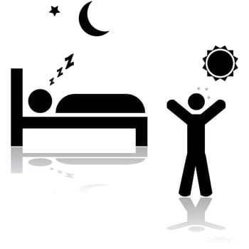 Icon illustration showing one person sleeping at night and another waking up during the day
