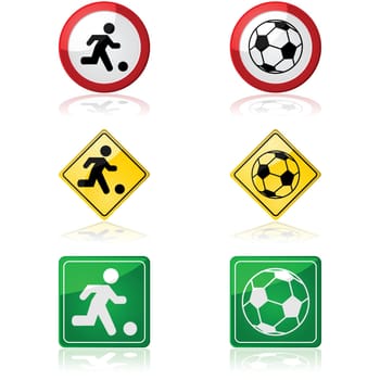 Icon set showing traffic signs with a soccer ball and a person playing soccer