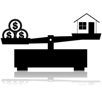 Concept illustration showing a scale balancing a house and its price, represented by three coins