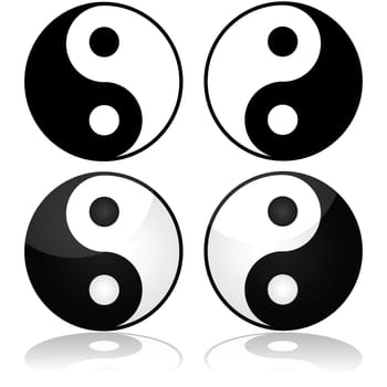 Icon set showing the traditional yin-yang symbol represented in different styles
