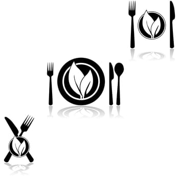 Icon set showing plates and cutlery combined with a couple of leaves, symbolizing vegetarian or vegan food