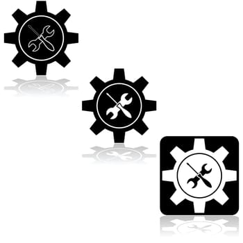 Icon set showing a machine gear combined with a wrench and screwdriver
