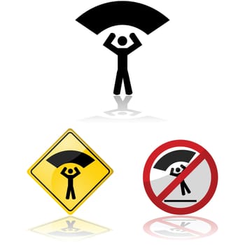 Icon set showing a man descending with a parachute
