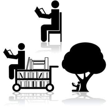 Icon set showing a person reading in different scenarios