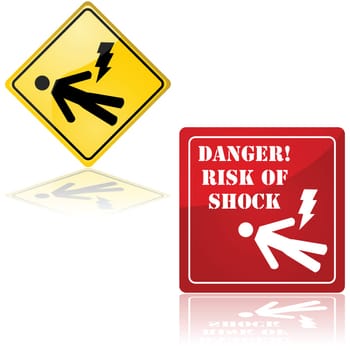 Set of two signs showing a man lying down and a lightning bolt, representing the danger of electric shock