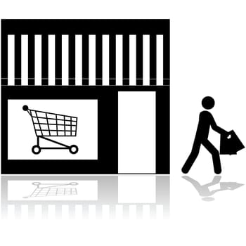 Icon showing a person walking out of a store carrying bags