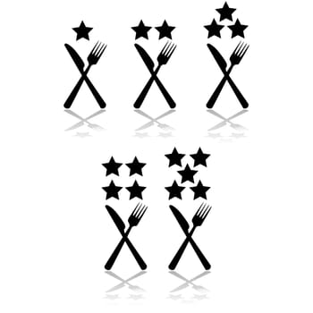 Concept illustration showing a fork and a knife combined with stars indicating the rating of a restaurant