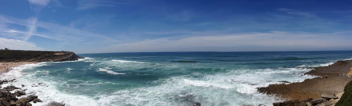 Atlantic ocean panorama with rocky shore. horizon line with the water and sky