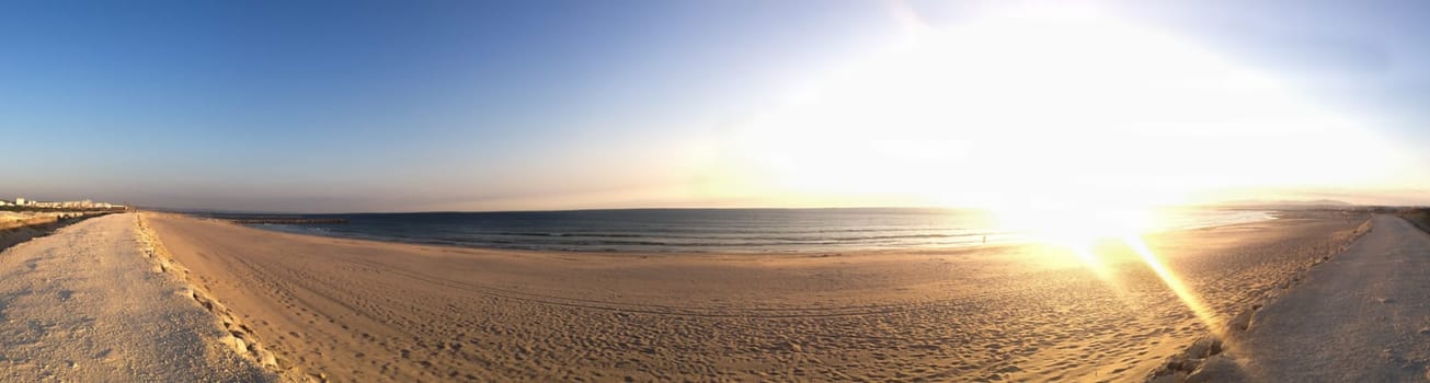 Atlantic ocean panorama with the sand beach. horizon line with the water and sky