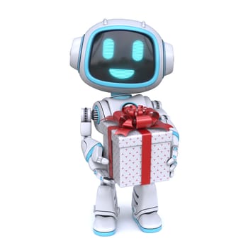 Cute blue robot giving git box 3D rendering illustration isolated on white background