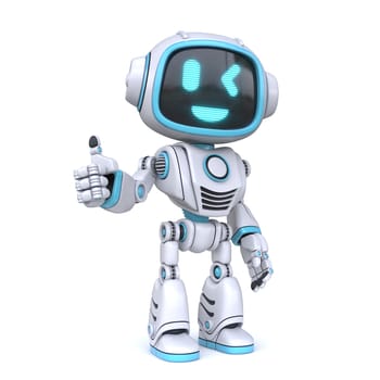 Cute blue robot giving thumbs up 3D rendering illustration isolated on white background