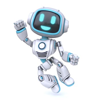 Cute blue robot happy jumping 3D rendering illustration isolated on white background