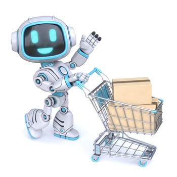 Cute blue robot push shopping cart 3D rendering illustration isolated on white background