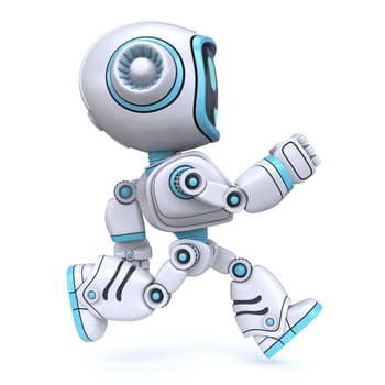 Cute blue robot running 3D rendering illustration isolated on white background