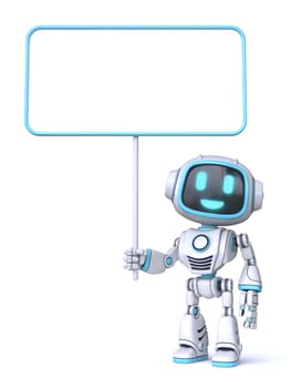 Cute blue robot hold blank board 3D rendering illustration isolated on white background
