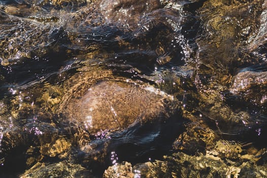 Shiny transparent water. clear water with pebbles and stone on the bottom. shining reflections of sun rays and ripples on the water surface